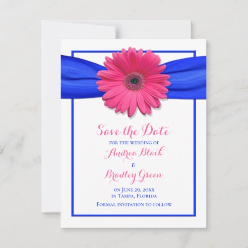 Pink Gerbera with Blue Ribbon Save the Date Card