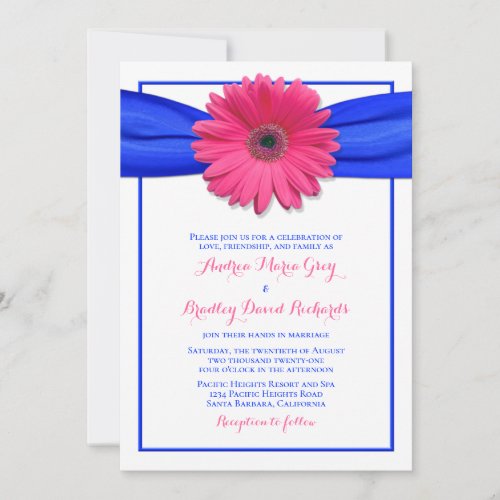 Pink Gerbera with Blue Satin Ribbon Invitation