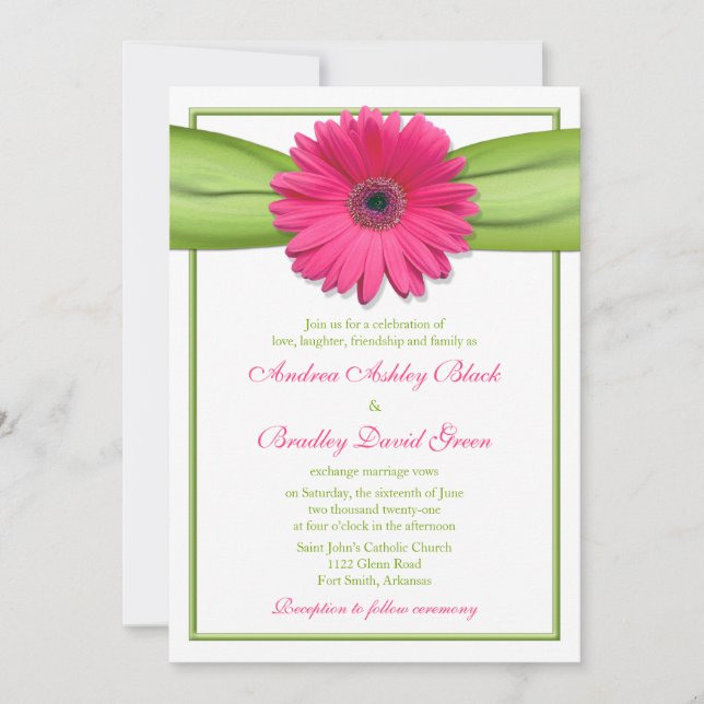 Pink Gerbera with Green Ribbon Wedding Invitation (Front)