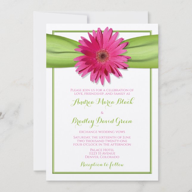 Pink Gerbera with Green Satin Ribbon Invitation (Front)