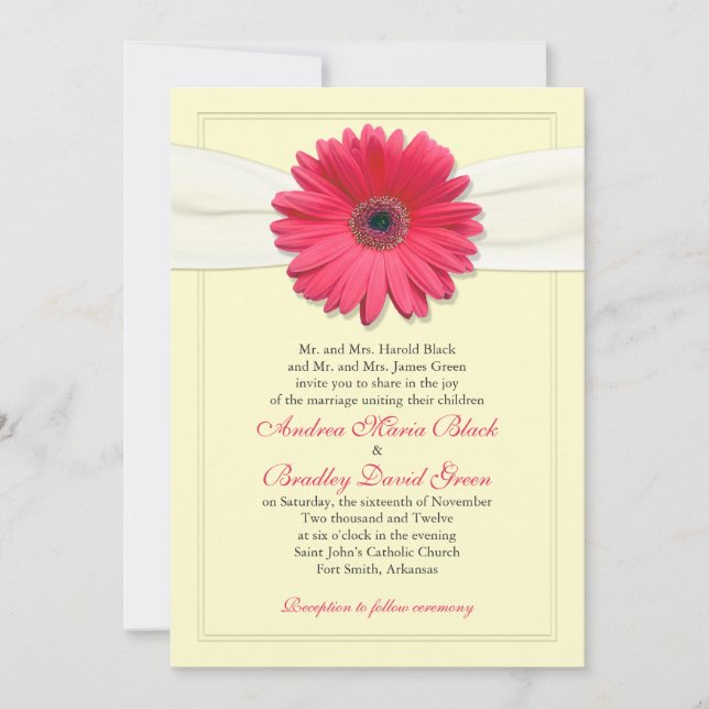 Pink Gerbera with Ivory Ribbon Invitation (Front)