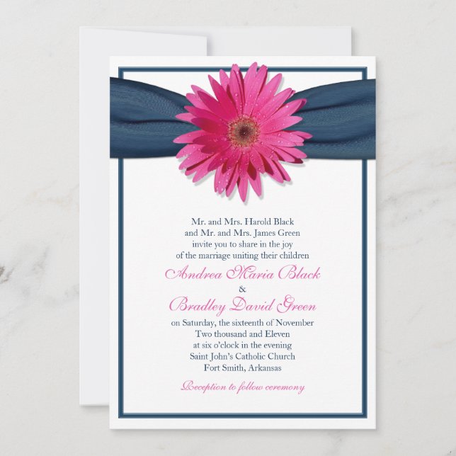 Pink Gerbera with Navy Blue Ribbon Invitation (Front)