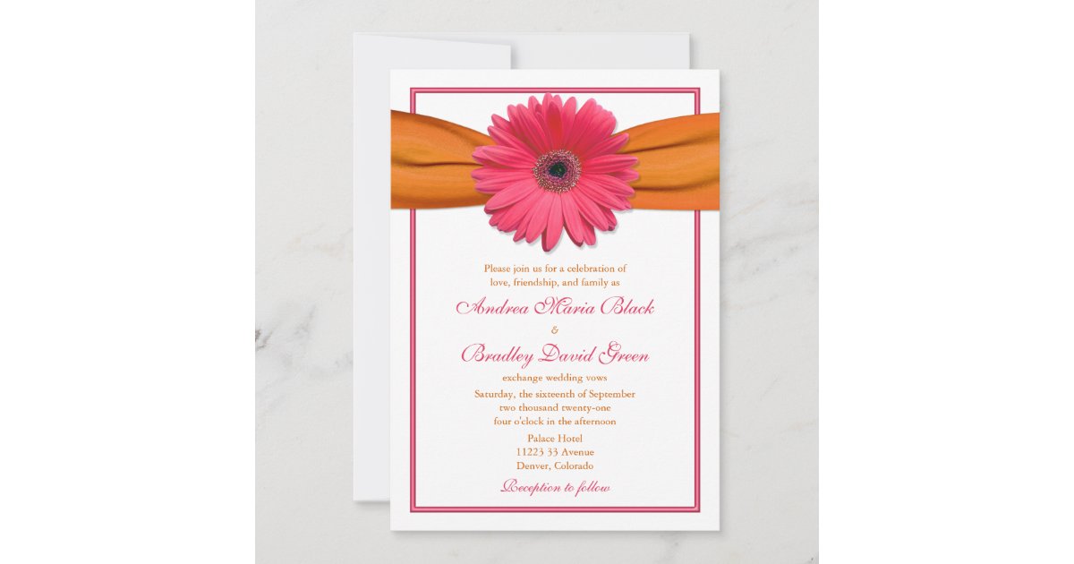 Pink Gerbera with Orange Ribbon Wedding Invitation | Zazzle