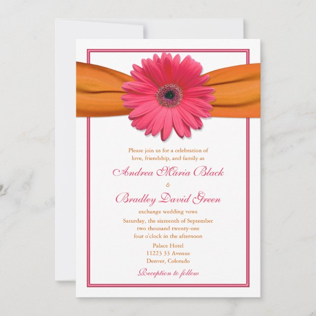 Pink Gerbera with Orange Ribbon Wedding Invitation (Front)