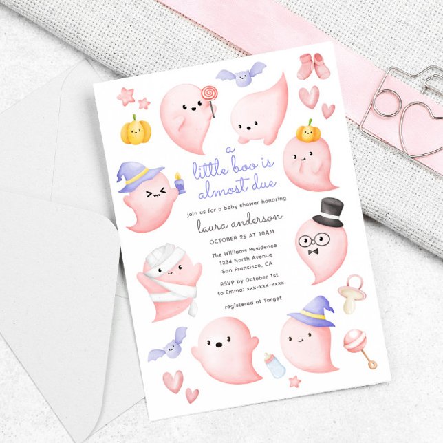 Pink Ghost A Little Boo Is Almost Due Baby Shower Invitation (cute pink ghosts - a little boo is almost due baby shower invitation)