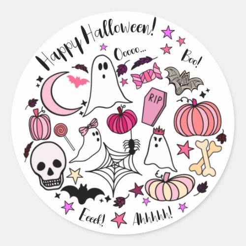 Pink Ghost and Pumpkin Halloween Round Sticker