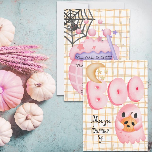 Pink ghost cute boo halloween age 4 birthday invitation (Boo its a cute halloween birthday invite)