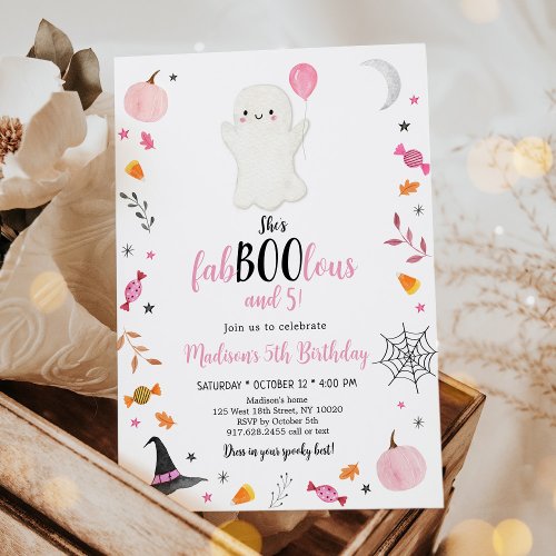 Pink Ghost Fab_boo_lous and Five Birthday Invitation