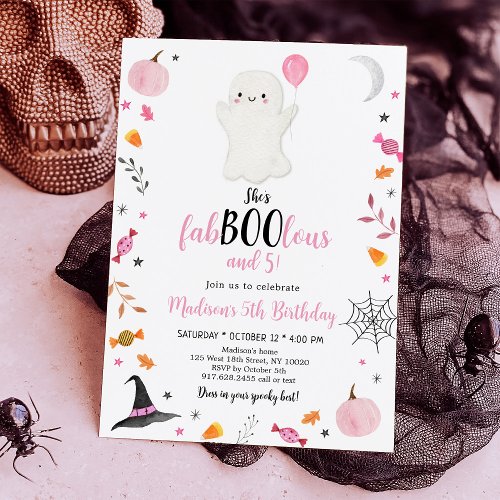 Pink Ghost Fab_boo_lous and Five Birthday Invitation