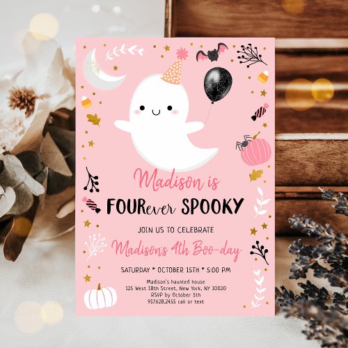 Pink Ghost FOUR_ever Spooky Birthday Invitation