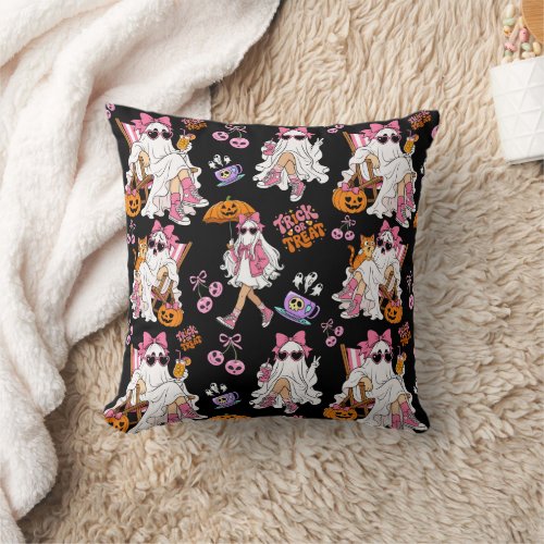 Pink Ghost Girl Halloween Cute Spooky for Teen  Throw Pillow