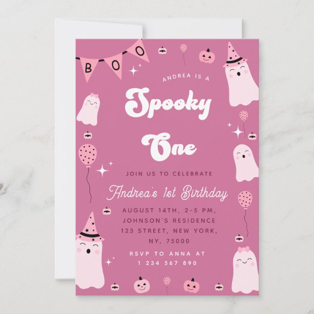 Pink Ghost Groovy Spooky One Girl 1st Birthday Invitation (Front)