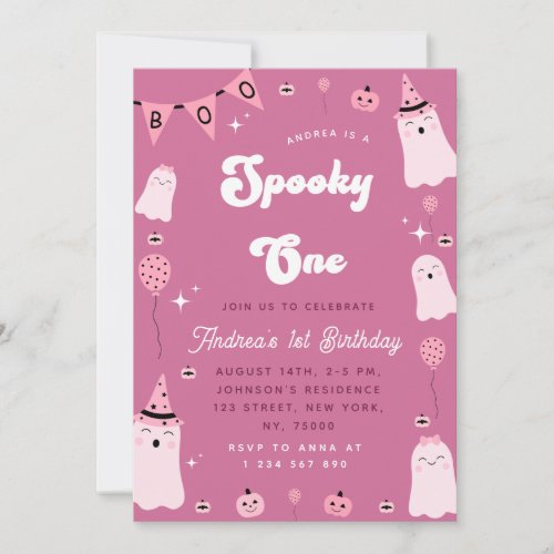 Pink Ghost Groovy Spooky One Girl 1st Birthday Invitation