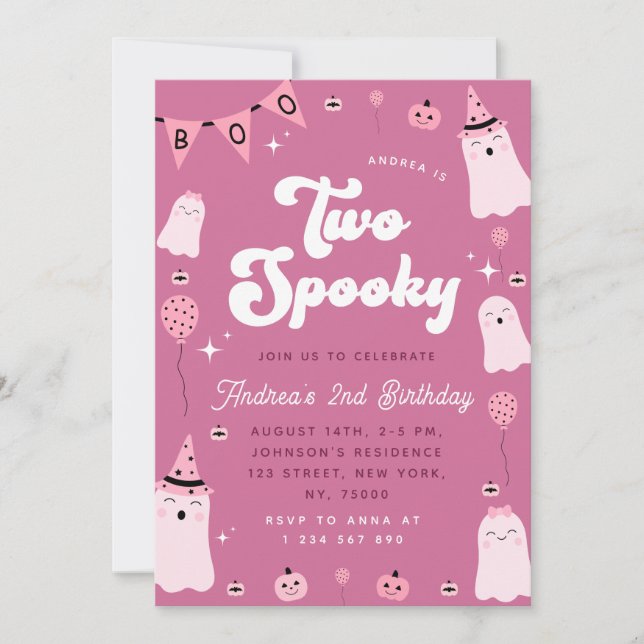 Pink Ghost Groovy Two Spooky Girl 2nd Birthday Invitation (Front)