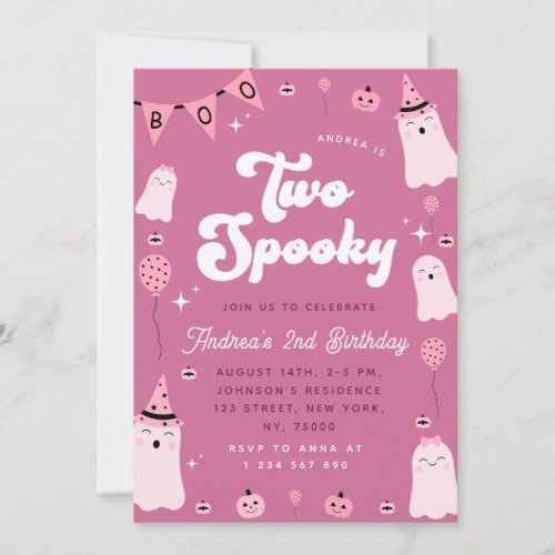 Pink Ghost Groovy Two Spooky Girl 2nd Birthday Invitation
