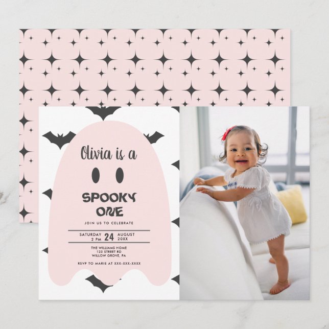 Pink Ghost Halloween 1ST Birthday  Invitation (Front/Back)