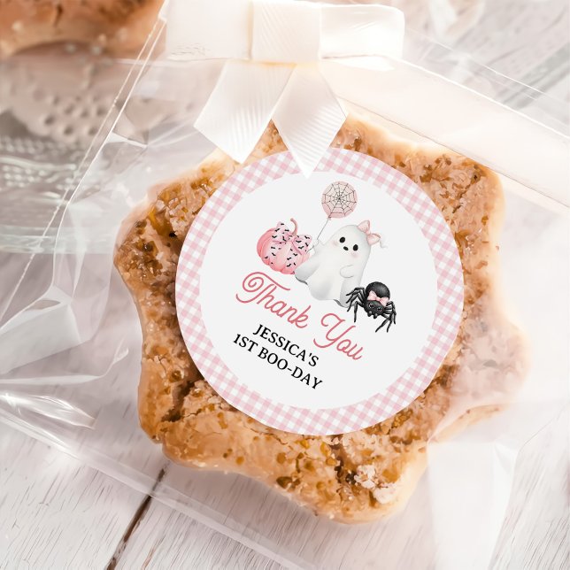 Pink Ghost Halloween 1st Birthday Party Classic Round Sticker (Creator Uploaded)