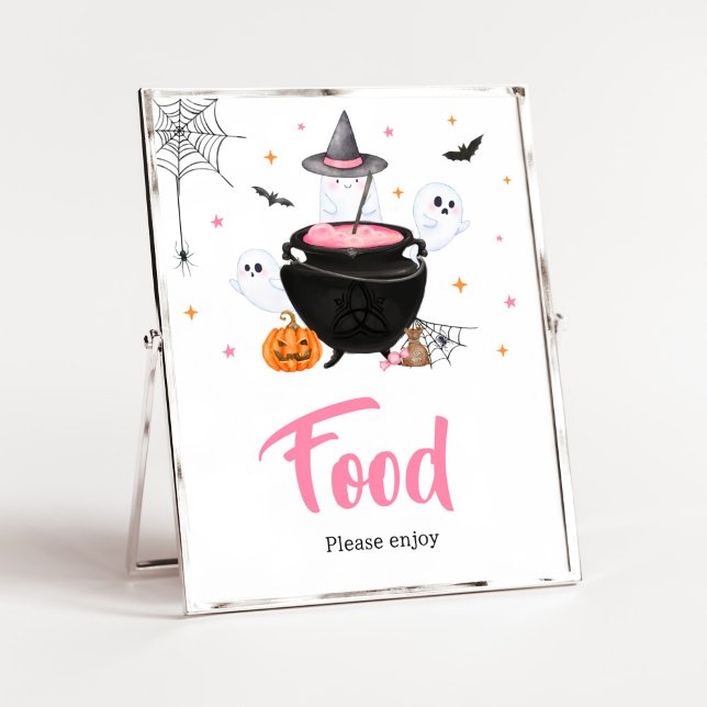 Pink Ghost Halloween Baby is Brewing Food Poster (Baby is Brewing Baby Shower Food Sign)