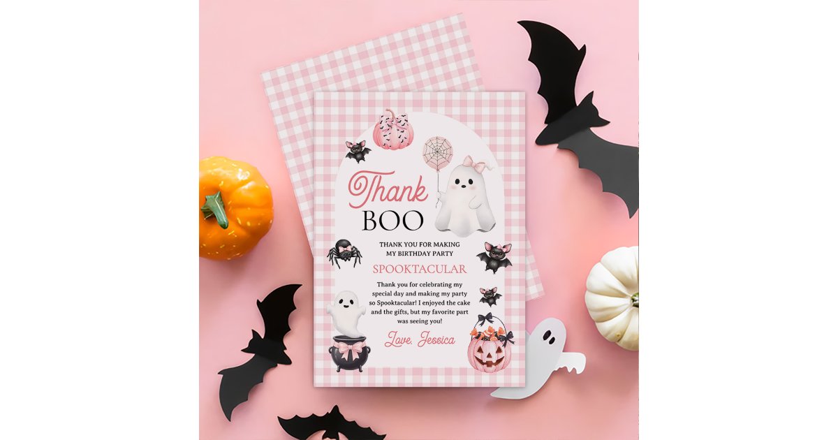 Pink Ghost Halloween Birthday Party Thank You Card | Zazzle