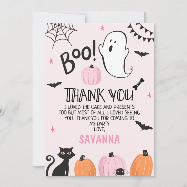 Pink Ghost Halloween Birthday Thank You Card (Front)