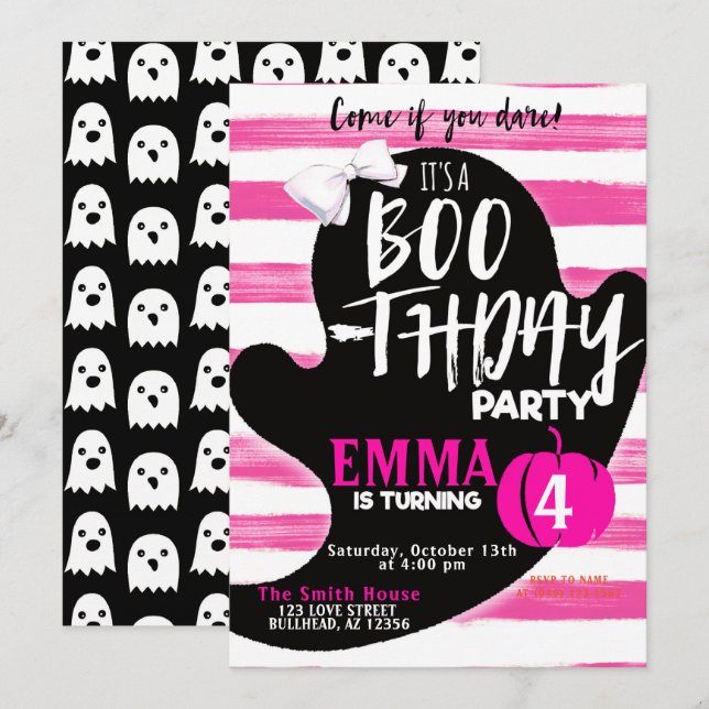 Pink Ghost Halloween Boothday Party Birthday Invitation (Front/Back)