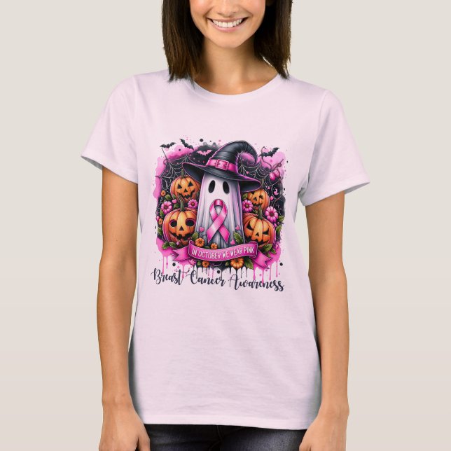 Pink Ghost Halloween Breast Cancer Awareness Tee (Front)