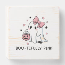 Pink Ghost Halloween Cute Spooky Wooden Box Sign