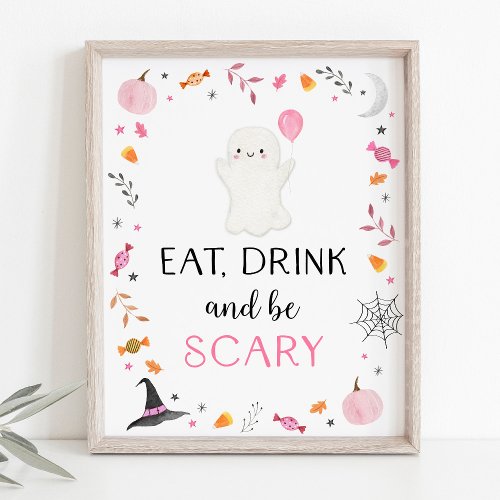 Pink Ghost Halloween Eat Drink Be Scary Party Sign