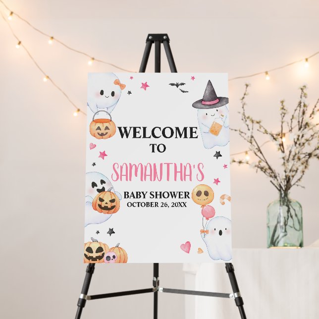 Pink Ghost Halloween Little Boo Welcome Sign (In Situ (Stand))