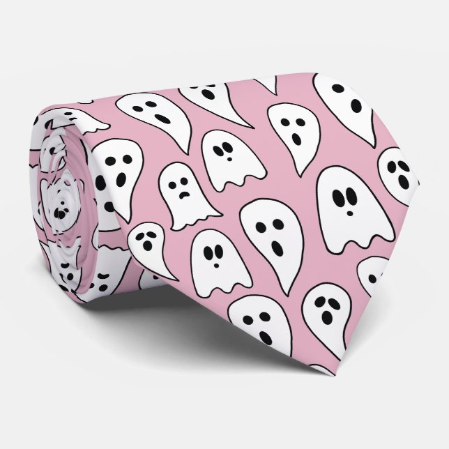 Pink Ghost Halloween Neck Tie (Rolled)