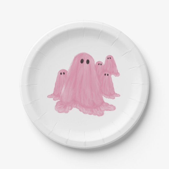 Pink Ghost Halloween Paper Plate (Front)