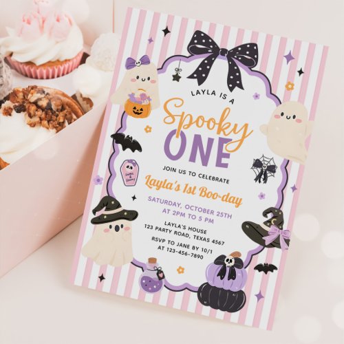 Pink Ghost Halloween Spooky One 1st Birthday Invitation