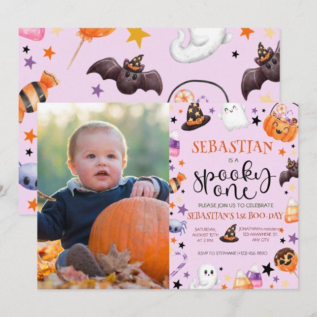 Pink Ghost Halloween Spooky One 1st Birthday Party Invitation (Front/Back)