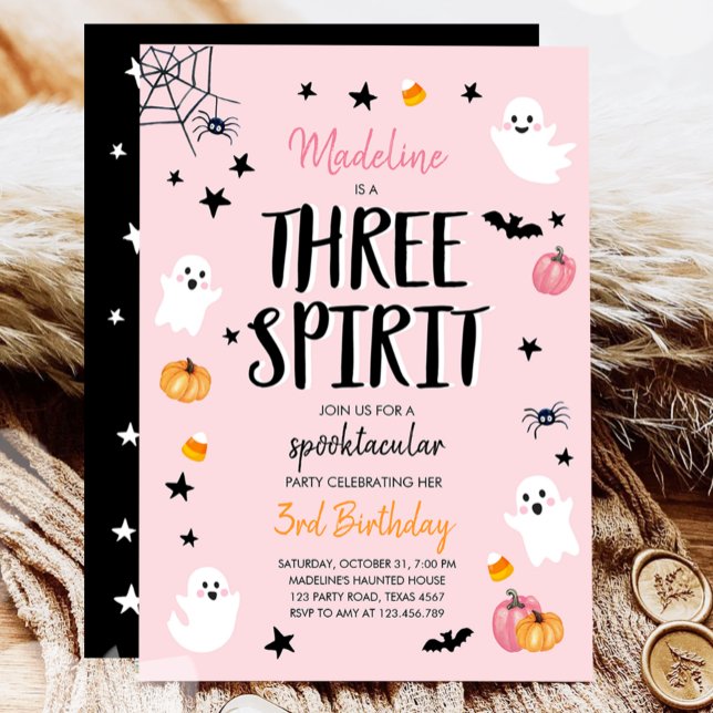 Pink Ghost Halloween Three Spirit 3rd Birthday Invitation (Creator Uploaded)