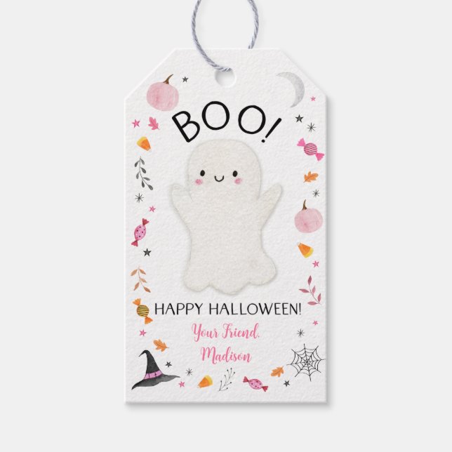 Pink Ghost Halloween Treat Gift Tags (Front)