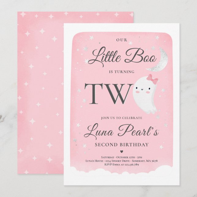 Pink Ghost Little Boo 2nd Birthday Party Halloween Invitation (Front/Back)