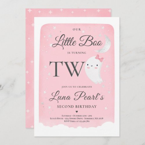 Pink Ghost Little Boo 2nd Birthday Party Halloween Invitation