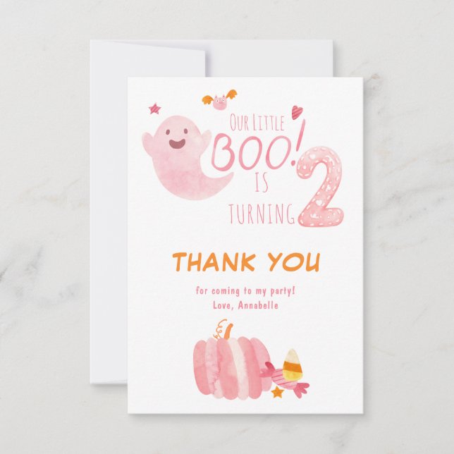 Pink Ghost Little Boo Girls Second Birthday Thank You Card (Front)