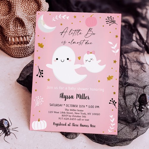 Pink Ghost Little Boo Halloween Baby Shower Invitation