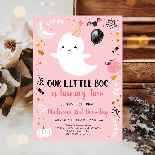 Pink Ghost Little Boo Second Birthday Invitation