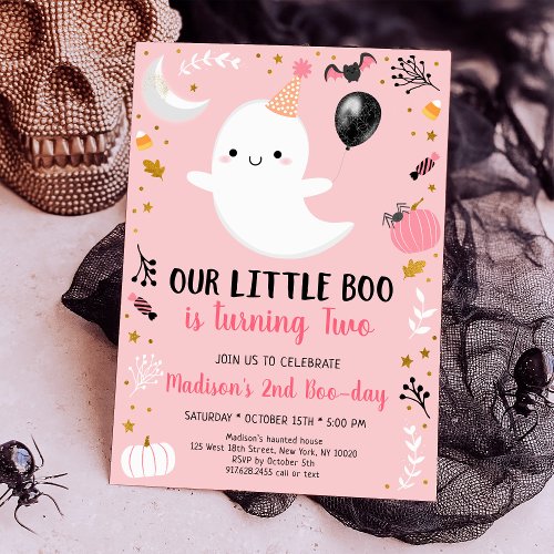 Pink Ghost Little Boo Second Birthday Invitation