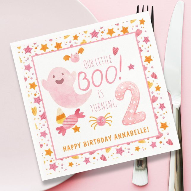 Pink Ghost Little Boo Turning Two 2nd Birthday Napkins (Creator Uploaded)
