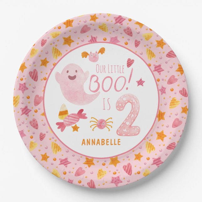 Pink Ghost Little Boo Turning Two 2nd Birthday Paper Plates (Front)
