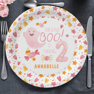 Pink Ghost Little Boo Turning Two 2nd Birthday Paper Plates
