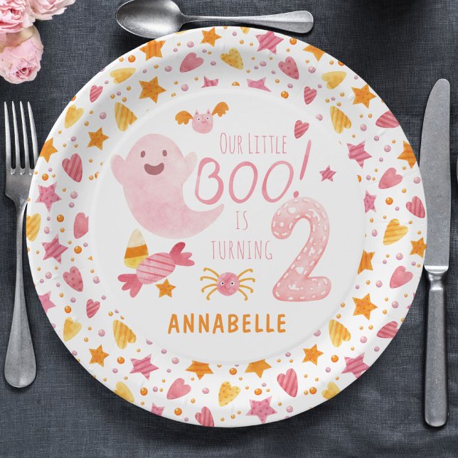 Pink Ghost Little Boo Turning Two 2nd Birthday Paper Plates (Creator Uploaded)