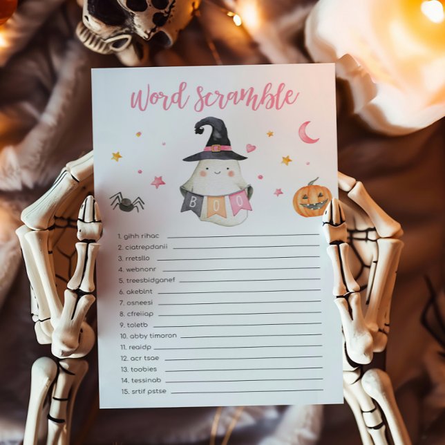 Pink Ghost Little Boo Word Scramble Game (Little Boo Baby Shower Word Scramble Game)