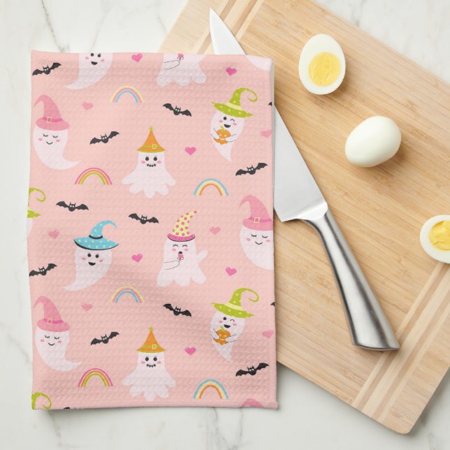 Pink Ghost Rainbow Pattern Halloween Kitchen Towel (Quarter Fold)