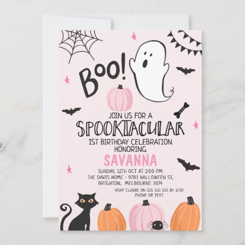 Pink Ghost Spooktacular Halloween 1st Birthday Invitation