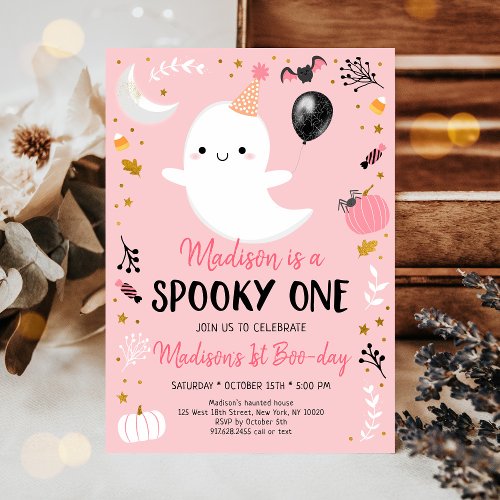 Pink Ghost Spooky One First Birthday Invitation