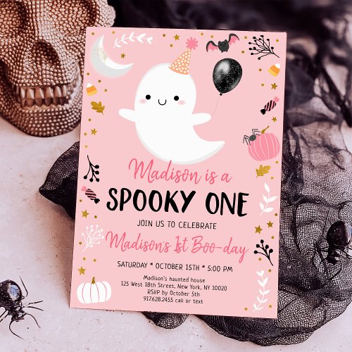 Pink Ghost Spooky One First Birthday Invitation